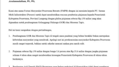 Desak Pembatalan Duit Utangan Pemda , FMPB Pesawaran Kirim Surat Terbuka untuk PT SMI