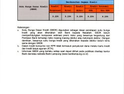 Ini Besaran Suku Bunga Dasar Kredit Bank Lampung Periode 30 November 2023