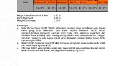 Ini Besaran Suku Bungan Dasar Kredit Bank Lampung Periode 30 September 2024