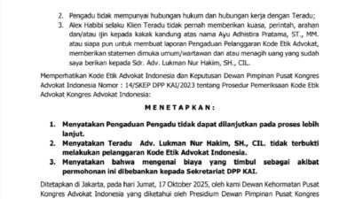 Dewan Kehormatan KAI Nyatakan Advokat Lukman Nurhakim Tak Langgar Kode Etik